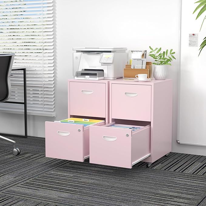 2 Drawer File Cabinet with Lock,Pink Rolling File Cabinet for Home Office, Metal Small Mobile Filing Cabinets on Wheels for Hanging Letter