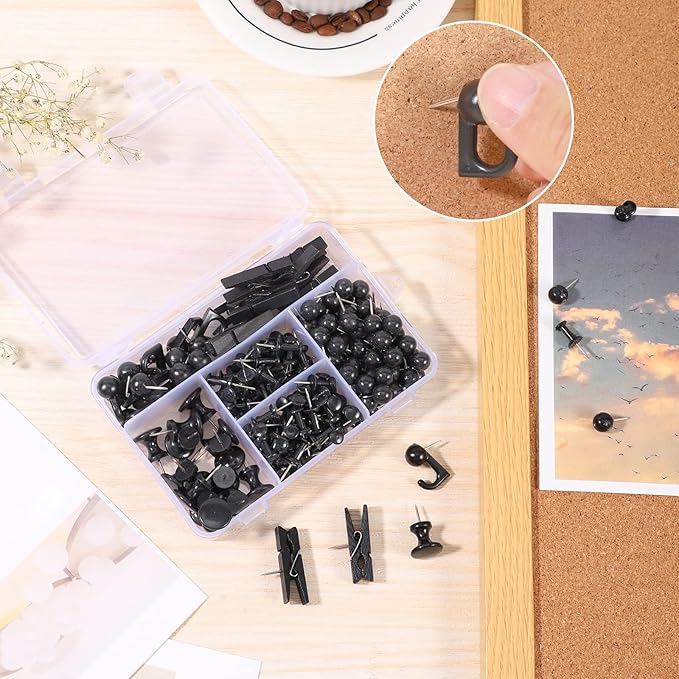 200 Pieces Push Pins Thumb Tacks Black Push Pins for Cork Board, 5 Style for Bulletin Boards Wall Maps Pictures Office Home Supplies-DeskLoop Office