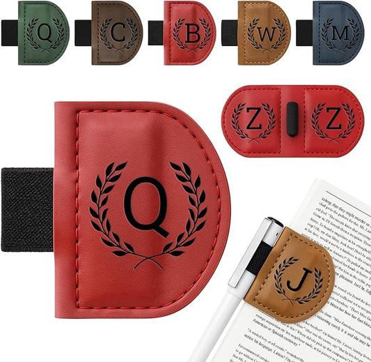 Personalized Bygone Mark Bookmark with Pen Holder,Engraving Leather Magnetic Bookmarks Vintage 26 Letters Name Initials Text Book Marker Clips Gifts for Reading Book Lovers Women (Red, Q)-DeskLoop Office