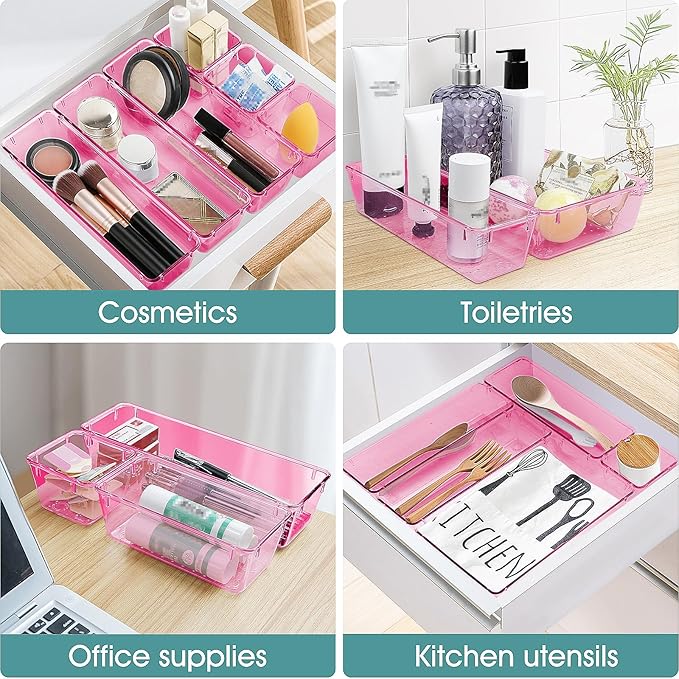 WOWBOX 25 PCS Plastic Drawer Organizer Set, 4 Sizes Desk Drawer Divider Organizers and Storage Bins for Makeup, Jewelry, Gadgets for Kitchen, Bedroom, Bathroom, Office, Clear Pink-DeskLoop Office