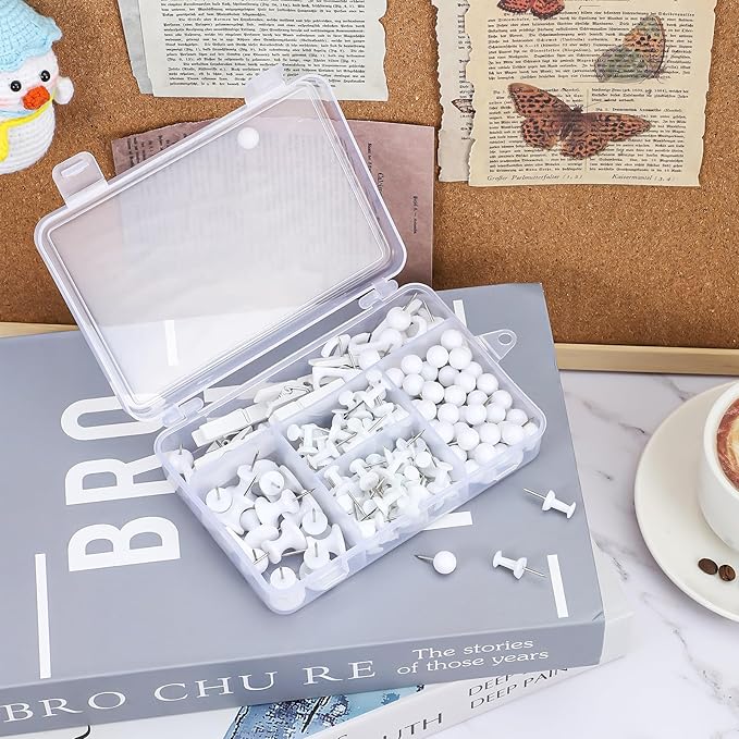 BESARME 200 Pieces Push Pins Set, 5 Types White Thumb Tacks Cute Decorative Push Pins for Wall Cork Board Bulletin Boards with Storage Box-DeskLoop Office