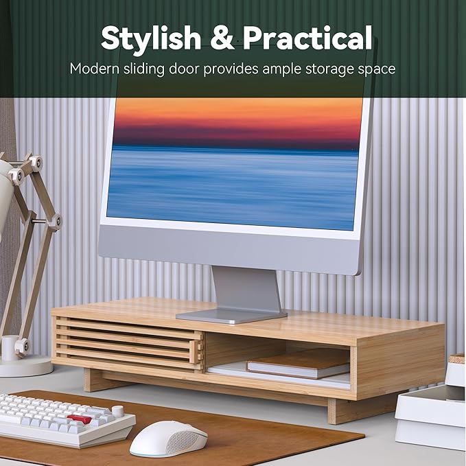 Monitor Stand Riser with Sliding Door, Computer Laptop Stand Desk Shelf Organizer with Storage (Natural Bamboo, 25 Inch)-DeskLoop Office