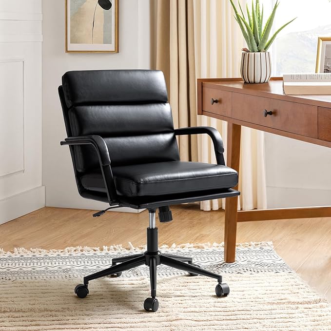 HULALA HOME Modern Faux Leather Home Office Chair with Tilt Lock & Metal Base, Desk Chair with Wheels & Padded Cushion, 360° Swivel Wide Seat Computer Task Chair, Black-DeskLoop Office