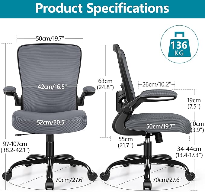 FelixKing Office Chair, Ergonomic Desk Chair Breathable Mesh Chairs with Adjustable High Back Lumbar Support Flip-up Armrests, Executive Swivel Comfy Task Computer Chairs for Home Office Dark Gray-DeskLoop Office