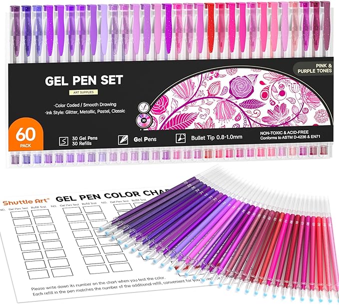 Shuttle Art 60 Pack Tone , Pink Purple Gel Pens with 30 Refills for Adults Coloring Books Journaling Drawing Nature, Landscapes, Animals Scenes-DeskLoop Office