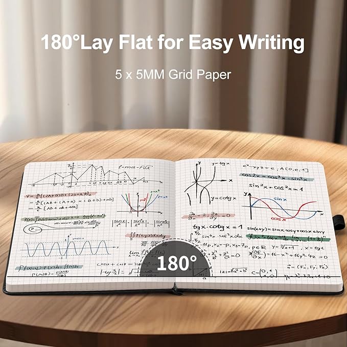 AHGXG Graph Paper Notebook - Grid Notebook Journal A5, 120 GSM Thick Graph Paper, 160 Pages, Leather Hardcover, for Graphing, Writing, Math, Engineering, 5.75'' × 8.38''- Black-DeskLoop Office