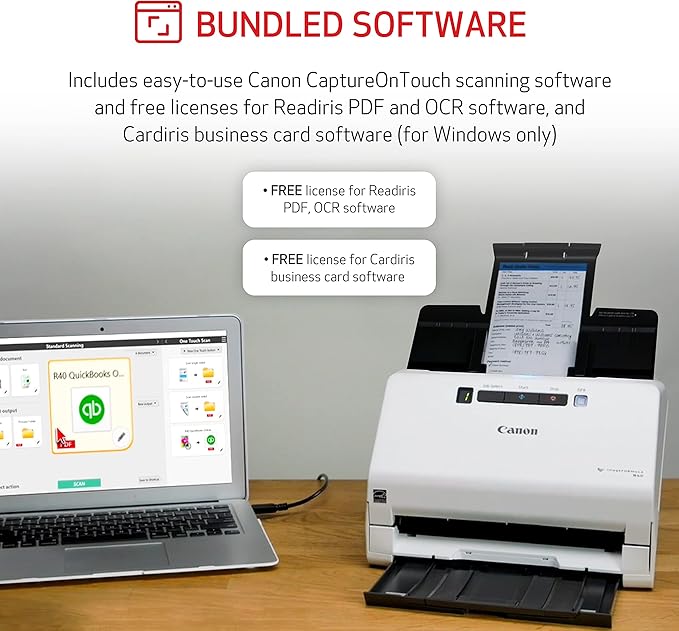 Canon imageFORMULA R40 Office Document Scanner Receipt Edition, for PC and Mac, Scan & Extract Data to QuickBooks Online, Color Duplex Scanning, Auto Document Feeder, Easy Setup for Office Or Home Use-DeskLoop Office