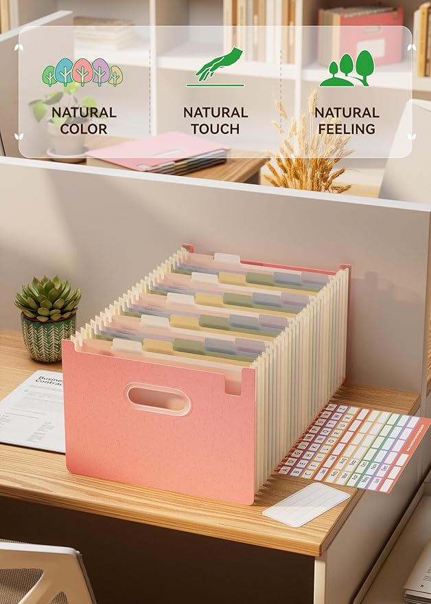 Accordion File Organizer, 26 Pockets Wheat Straw Expanding File Folders, Upright&Open Top, A-Z Bill Receipt Organizer, 100% BPA Free, Return to Nature, Healthy Living, Letter/A4 Size-Strawberry Pink-DeskLoop Office