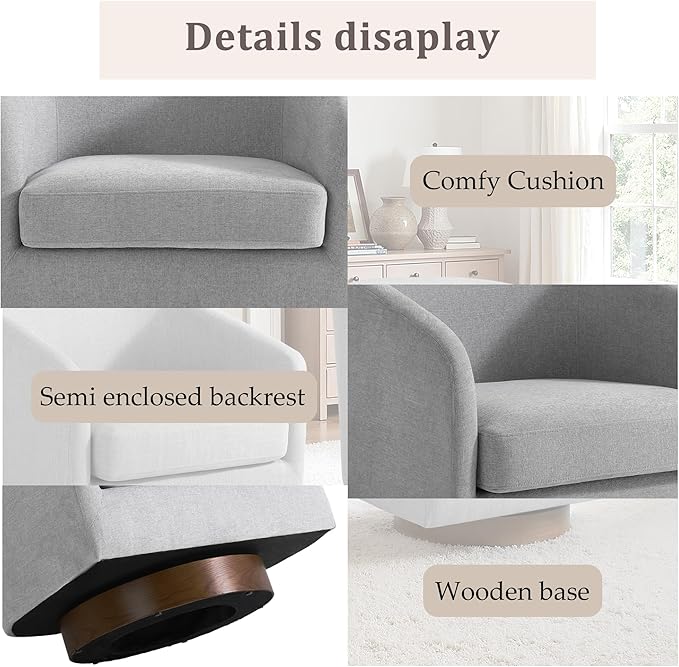UIXE Swivel Accent Chair with Wood Base, Chenille Upholstered Barrel Chairs for Living Room, Comfy Round Armchair Single Sofa Bedroom Reading Seat - 31" W, Light Gray-DeskLoop Office