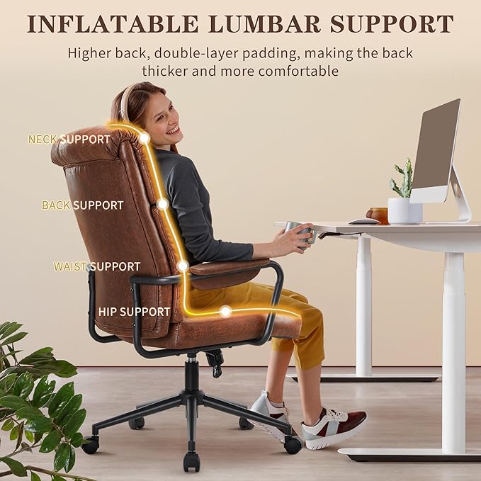 Mid Century Office Chair, Ergonomic Modern Breathable Fabric Home Desk Chair with Lumbar Support, Adjustable Height Swivel Computer Chair for Home Office (Brown)-DeskLoop Office