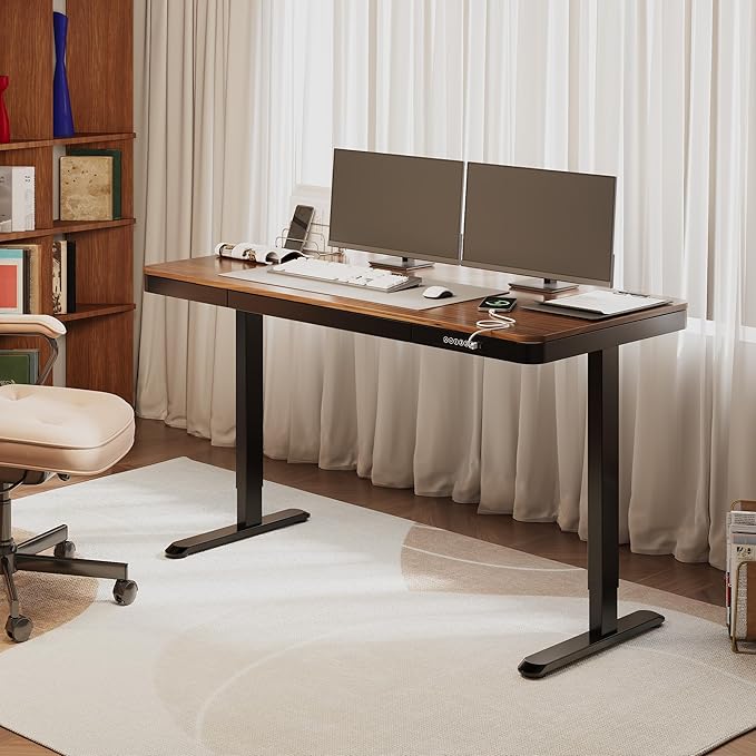 FLEXISPOT Comhar 55" Electric Standing Desk with Drawers, Quick Assembly Home Office Sit Stand Desk with Storage & USB Charging, Computer Workstation for Home Office (55" Wood, Dark Walnut/Black)-DeskLoop Office