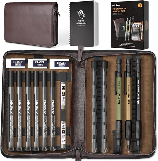Nicpro 1.3mm Mechanical Pencil Set in Leather Bag with Lead Refill Black & Colors, Erasers- Weatherproof Metal Heavy Duty Carpenter Pencil & Spiral Notebook for Outdoor Drafting Marking Drawing-DeskLoop Office