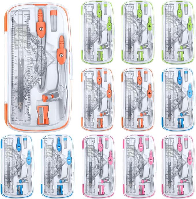 Teling 12 Sets Math Geometry Kit for Students 10 Pcs Compass Geometry Tools Set Includes Rulers Protractor Compass Eraser Pencil Sharpener Lead Refills Pencil (Colorful)-DeskLoop Office