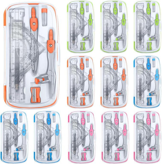 Teling 12 Sets Math Geometry Kit for Students 10 Pcs Compass Geometry Tools Set Includes Rulers Protractor Compass Eraser Pencil Sharpener Lead Refills Pencil (Colorful)-DeskLoop Office