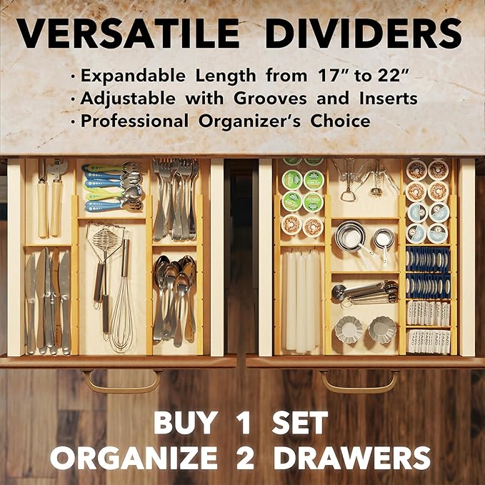 SpaceAid Bamboo Drawer Dividers with Inserts and Labels, Kitchen Adjustable Drawer Organizers, Expandable Organization for Home, Office, Dressers, 7 Dividers with 15 Inserts (17"-22" Natural)-DeskLoop Office
