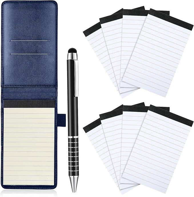 Outus 10 Pcs Pocket Notebook with Pen Set Included Mini Pocket Notepad Holder with 50 Lined Sheets, Metal Pen, 8 Pcs 3 x 5 Inch Memo Book Refills, 30 Lined Paper Per Note Pad (Blue)-DeskLoop Office