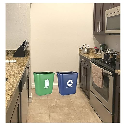 Acrimet Wastebasket Bin for Recycling and Waste, 6.75 Gallon/ 27 Quart/ 24 Liter (Plastic) (Green and Blue) (Set of 2)-DeskLoop Office