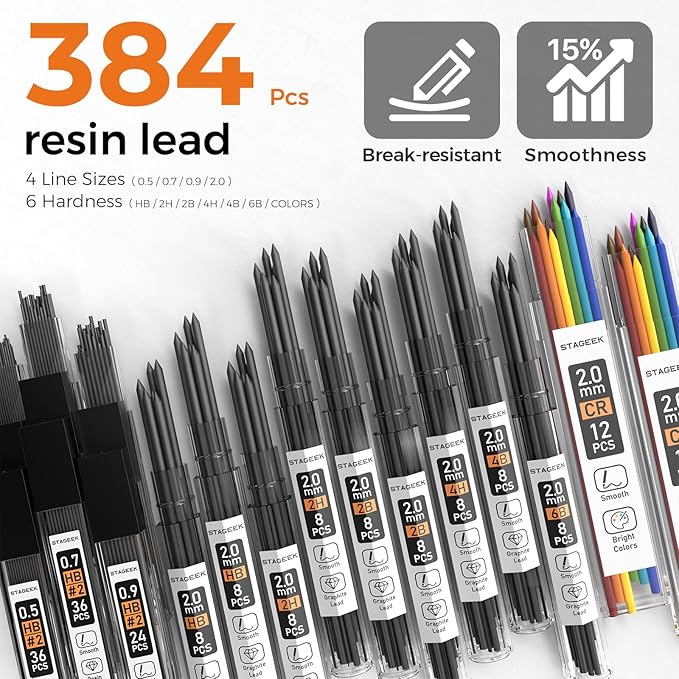 35PCS Black Art Mechanical Pencil Set in Case,0.5 0.7 0.9 2.0 Graphite Metal Drawing Drafting Pencils, Sharpener Erasers 384PCS Lead Refills (6B 4B 2B HB 2H 4H Colors) for Writing Sketching-DeskLoop Office