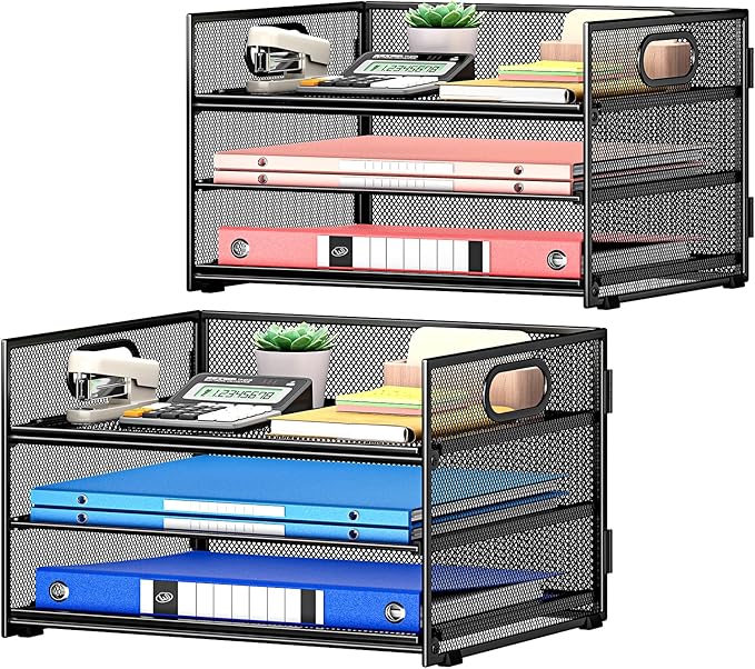 Subekyu 2-Pack 3-Tier Paper Letter Tray Organizer for Desk, Black Metal Mesh File Sorter Organizer with Handle and 1 PC Sliding Tray for Home Office School Desk Supplies Organization Storage-DeskLoop Office