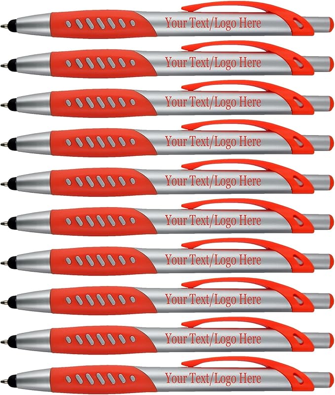 Personalized Pens With Custom Logo or Text-300 Pack Bulk-for Businesses, Parties, and Events, 2 in 1 Ballpoint Pen & Capacitive Stylus for Touchscreen Devices, Click Action, Black Ink, Orange-DeskLoop Office