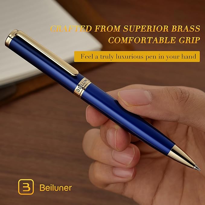 BEILUNER Blue Lacquer Gel Pen - Stunning Luxury Pen with 24K Gold Finish, ADMOK Black Refill, Executive Gift Set for Family & Friends, Writing, Fancy, Office, Retractable Pens-DeskLoop Office