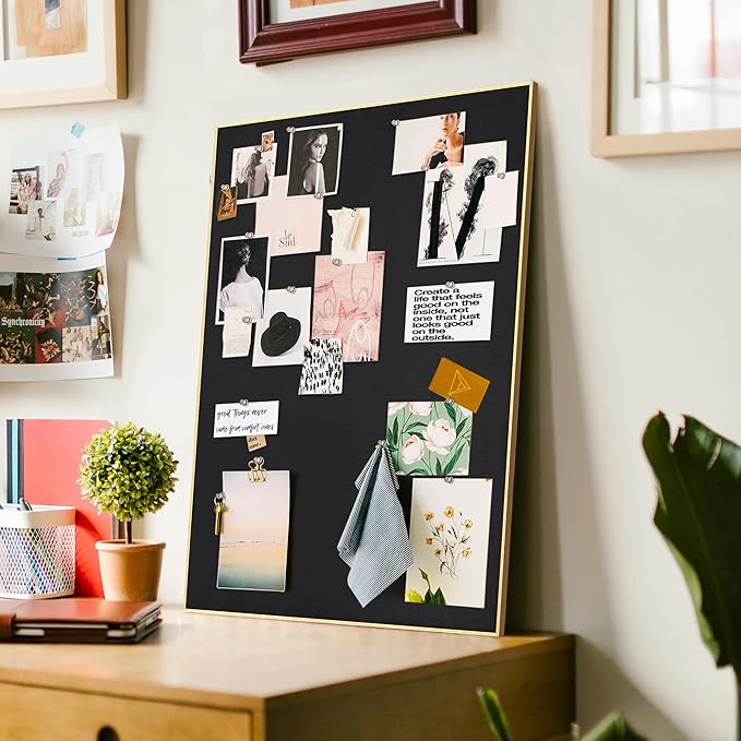 Bulletin Board 30 x 20 inches, Black Pin Board, Golden Aluminum Framed Fabric Cork Board with 10 Push Pins-DeskLoop Office