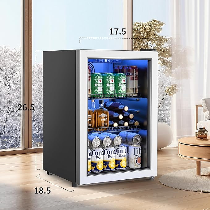 Beverage Refrigerator and Cooler, Freestanding Drink Dispenser for Soda Beer or Wine,90 Can Mini Fridge with Glass Door,Digital Temperature Control,Home, Bar, Office (Silver, 2.48 Cu.Ft)-DeskLoop Office