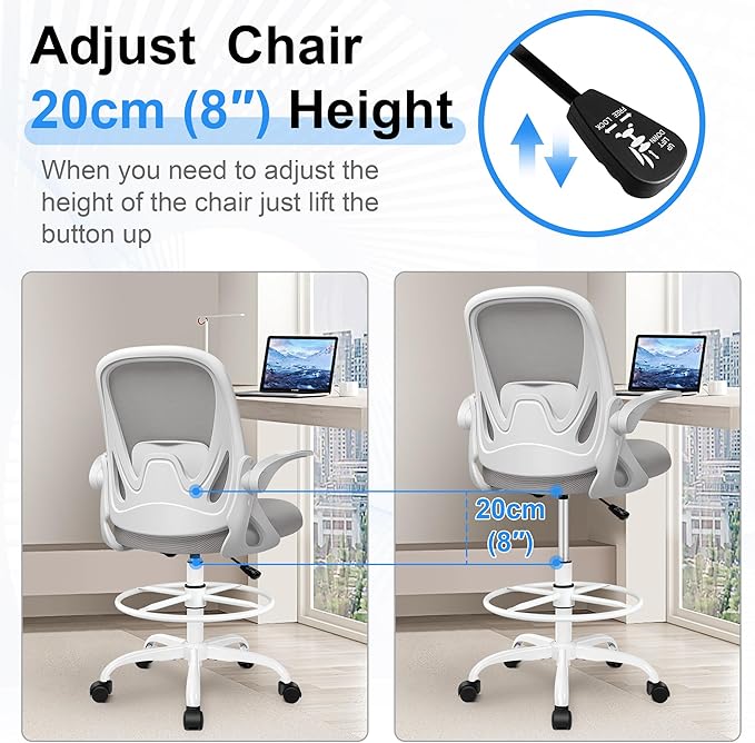 Drafting Chair Tall Office Chair with Flip-up Armrests, Adjustable Height, and Enhanced Lumbar Support - Ergonomic Rolling Stool, Back Support, and Adjustable Foot Rest Ring for Standing Desk Gray-DeskLoop Office