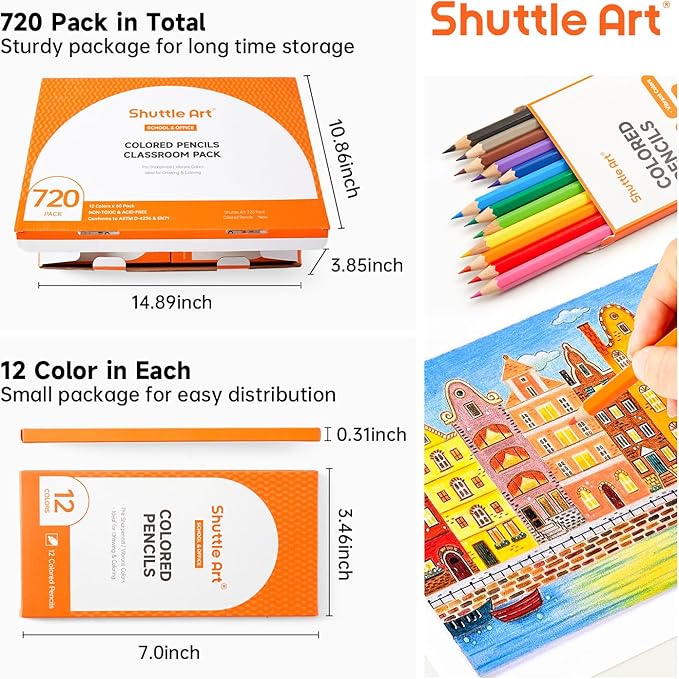 Shuttle Art 720 Colored Pencils Bulk, 12 Vibrant Colors, Pack of 60, Pre-sharpened Coloring Pencils, Wood Colored Pencil for Kids Teachers, Classroom Essentials, Back to School Supplies-DeskLoop Office