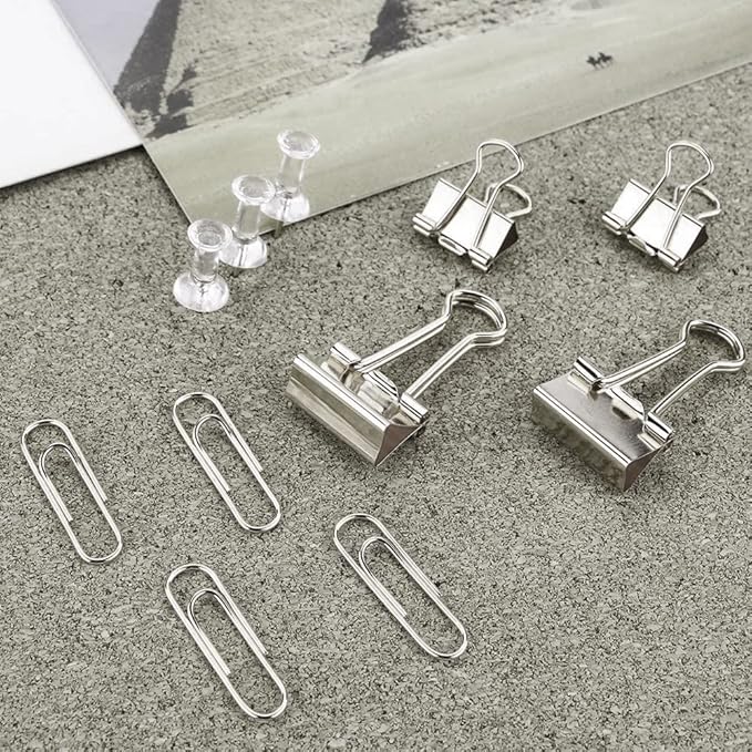 Silver Binder Clips and Paper Clips Push Pins Tacks Sets, Total 72 PCS Assorted Sizes Office Supplies Set for Women, Student, School, Home & Desk Supplies-DeskLoop Office