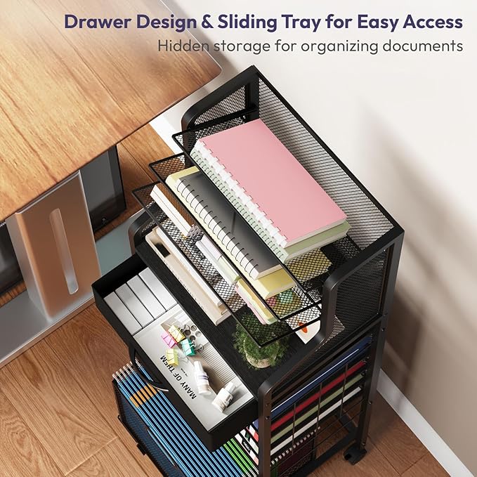 SWTYMIKI 10-Tier Rolling File Cart - Mesh Paper Organizer with Drawer and Hanging File Folders on Lockable Wheels, Wood Teacher Cart for Office Organization, Storage in Home, Studio, School (Black)-DeskLoop Office