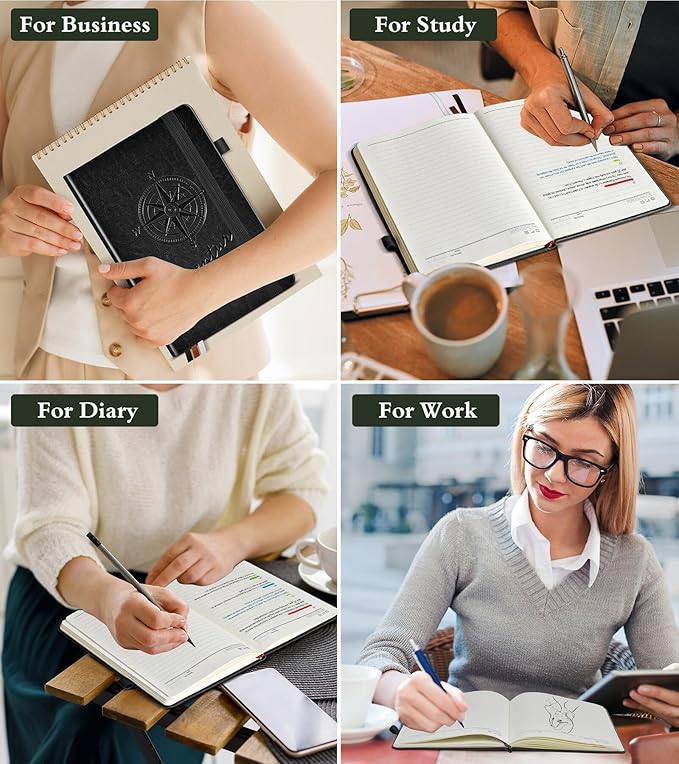 Lined Journal Notebook for Men Women, 160 Pages Ruled Paper, Inner Pocket, A5 Hardcover Vintage Leather Notebooks for Work, School, Travel Journaling, Daily Diary, Notepad 5.8" x 8.5" (Black)-DeskLoop Office