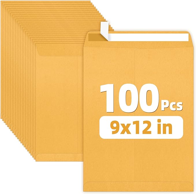 SUNEE 9x12 Envelopes Self-Seal Catalog Mailing Envelopes -100 Count, Ultra Strong Quick-Seal, 9x12 inch Brown Kraft Manila Envelopes Security Envelopes-DeskLoop Office