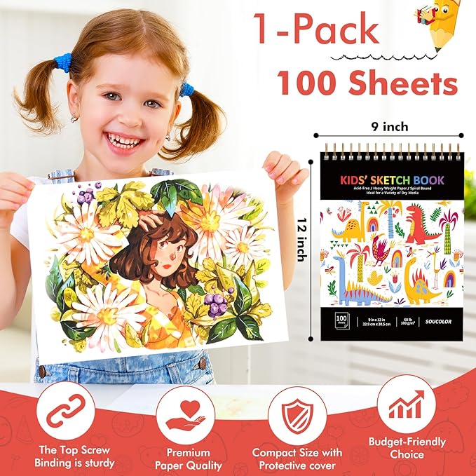 Soucolor 9" x 12" Kids Sketch Book, 100 Sheets Spiral Bound Art Sketchbook, Acid Free Artist Drawing Book Paper, Art Supplies for Adults, Craft Activities, Sketch Paper for Drawing Coloring Sketching-DeskLoop Office