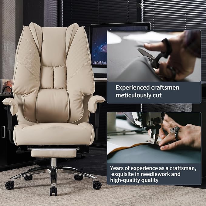 Big and Tall Office Chair 400lbs Wide Seat, Leather High Back Executive Office Chair with Foot Rest, Ergonomic Chairs Lumbar Support for Lower Back Pain Relief (Beige)-DeskLoop Office