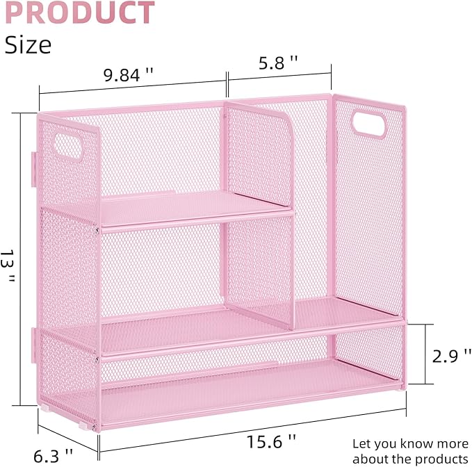 Marbrasse 3-Tier Desk Shelf Organizer with Handle, Desktop Bookshelf File Holder, Mesh Display Shelf Organizer Storage Rack for Office, Home, Supplies, Kitchen (Pink)-DeskLoop Office