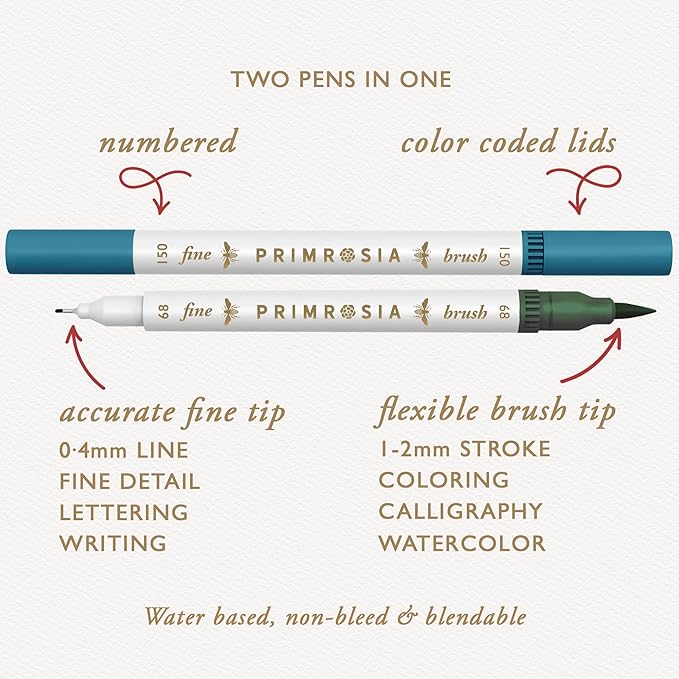 Primrosia 12 Dual Tip Watercolor Marker Pens - Fine Tip & Brush Tips, Professional Quality, 4 x Sticker Sheets, Blendable, Non-Toxic, Perfect for Calligraphy, Drawing & Coloring. (Alpine)-DeskLoop Office