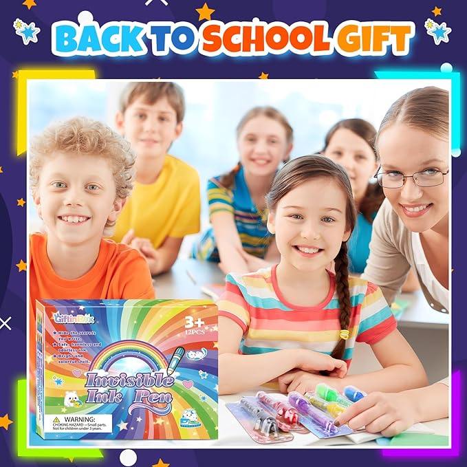 GIFTINBOX Invisible Ink Pen with UV Light for Kids, 12PCS Spy Pen Party Favors for Kids 8-12, Magic Marker for Secret Message, School Supplies Birthday Goody Bag Stuffers for Boys Girls-DeskLoop Office