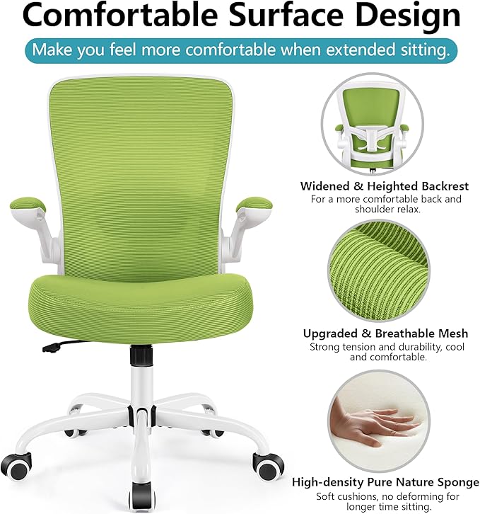 FelixKing Office Chair, Ergonomic Desk Chair Breathable Mesh Chairs with Adjustable High Back Lumbar Support Flip-up Armrests, Executive Swivel Comfy Task Computer Chairs for Home Office Green-DeskLoop Office
