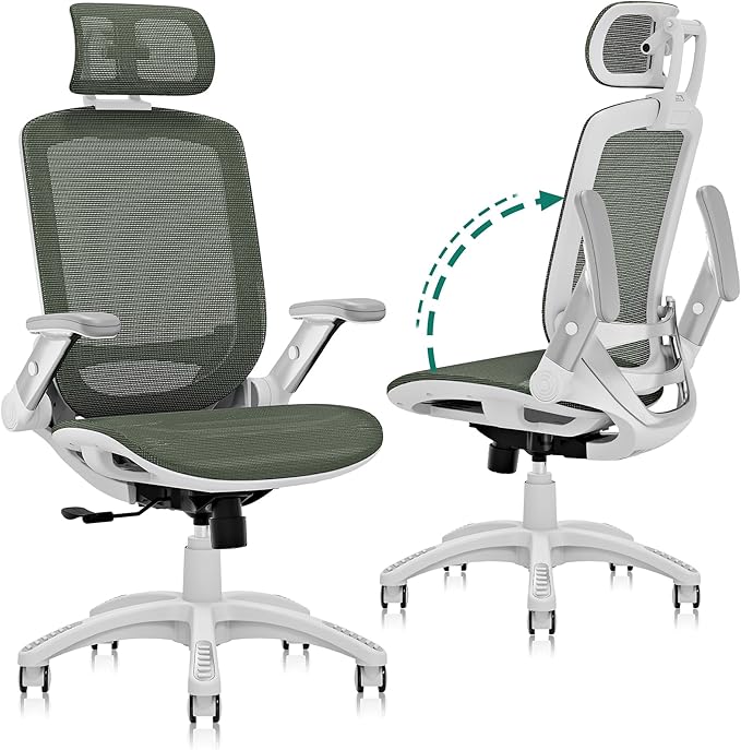 GABRYLLY Ergonomic Office Chair, High Back Home Desk Chair with Headrest, Flip-Up Arms, 90-120° Tilt Lock and Wide Cushion, 400LBS Mesh Chairs for Man Woman, White Task Chair(Olive Green,GY01WOG)-DeskLoop Office