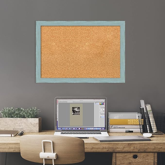 Amanti Art Natural Cork Board for Wall, 18x26 Vision Board with Blue Wood Frame, Medium Corkboard Office Decor for Home Organization, Rustic Farmhouse Corkboard Pinboard to display items for home-DeskLoop Office