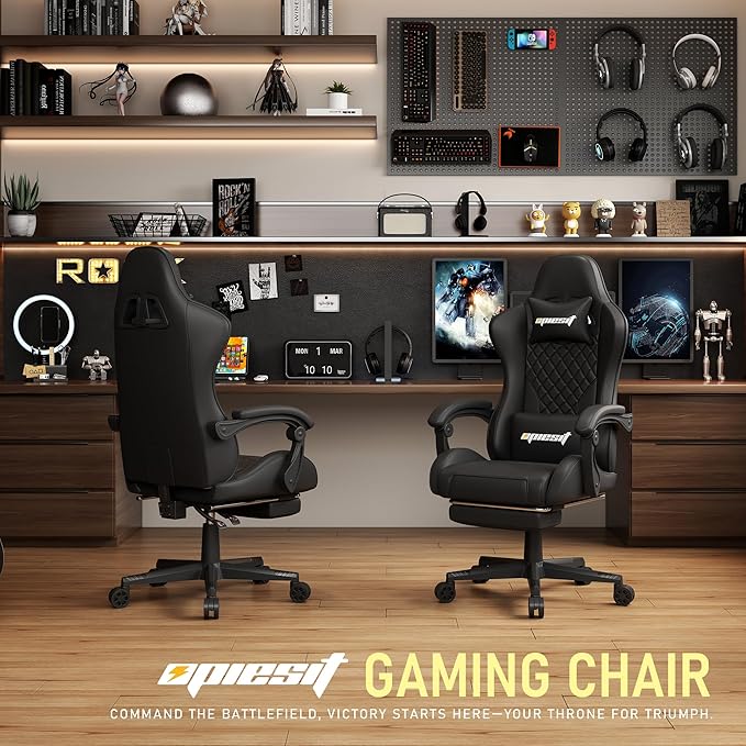 Gaming Chair,Ergonomic Computer Chairs for Adults with Footrest, PU Leather Office Chair with Adjustable Lumbar Support & Pocket Spring Cushion - Heavy Duty 400lb Capacity Gamer Chair(Black)-DeskLoop Office