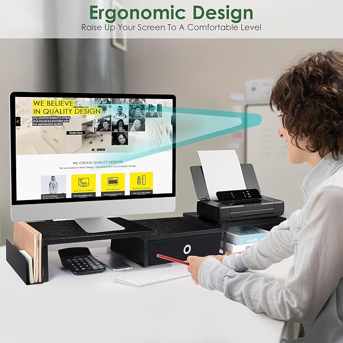 Dual Monitor Stand Riser w/ Drawer & Metal Leg, Large Computer Monitor Riser w/ Storage For 2 Monitors, Desk Shelf For Monitor w/ Adjustable Length & Angle, Desktop Organizer For Laptop/TV/Printer-DeskLoop Office