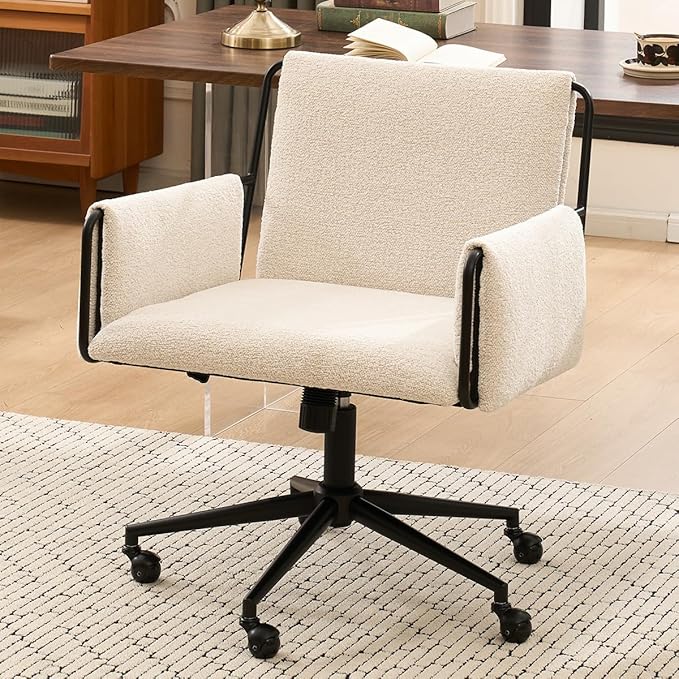 Kidol & Shellder Office Desk Chair Set of 3 with Arm, Swivel Adjustable Height with Wheels Comfortable Wide Seat for Home Office, Bedroom, Makeup Room, Beige-DeskLoop Office