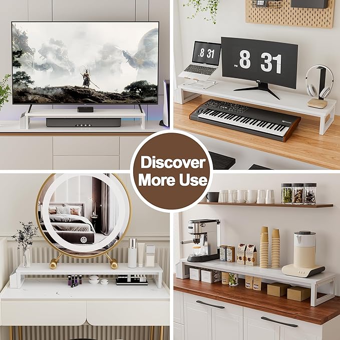 LAND·VOI Dual Monitor Stand Riser,41.5'' Long Monitor Stand for 2 Monitors, Wood and Steel Computer Monitor Stand, Desktop Oraganizer with Pen Holder, Monitor Riser for Desk Computer,Laptop,TV, White-DeskLoop Office