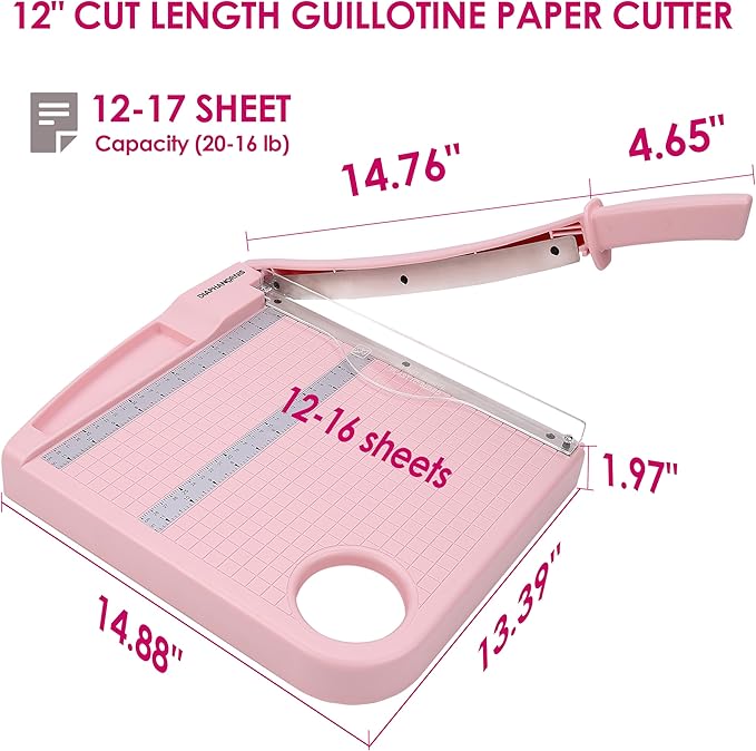 Paper Cutter Trimmer for Office&Crafts, Heavy Duty Guillotine Paper Trimmer with Portable Base Design/Safety Protection and Blade Lock, Paper Cutter 12 Sheets, Cardstock/Laminate (Pink)-DeskLoop Office