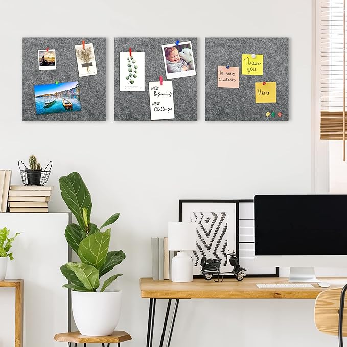 AKTOP Cork Bulletin Board 12x12, 1/2" Thick Felt Cork Board Tiles 9 Pack, Small Square Pin Board for Wall, Self Adhesive Corkboards with 120 Push Pin Wood Clips for School, Home & Office, Grey-DeskLoop Office