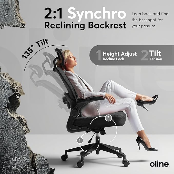 Oline ErgoAir Ergonomic Office Chair – Adjustable Lumbar Support, Flip-Up Armrests, Mesh Computer Desk Chair, Swivel Rolling Executive Gaming Chair for Home & Office (Black)-DeskLoop Office