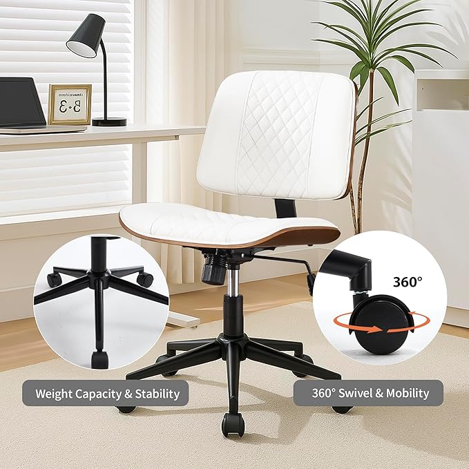 Stylish White Home Office Chair – Armless PU Leather Mid-Back Chair with Adjustable Height, Swivel Wheels, Walnut Finish for Study, Bedroom, or Dorm Room-DeskLoop Office