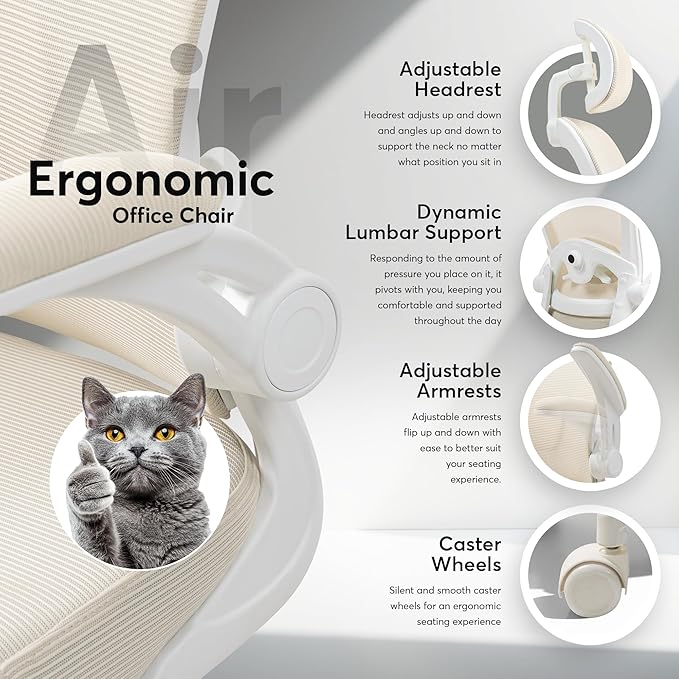 Oline ErgoAir Ergonomic Office Chair – Adjustable Lumbar Support, Flip-Up Armrests, Mesh Computer Desk Chair, Swivel Rolling Executive Gaming Chair for Home & Office (Beige)-DeskLoop Office